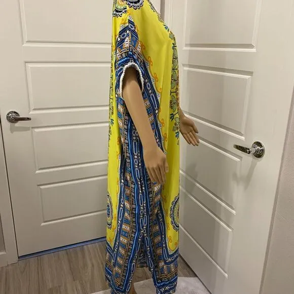 Women's Kaftan Maxi Dress. Yellow/Multicolor. S/M. Bright. Beachwear. Resortwear