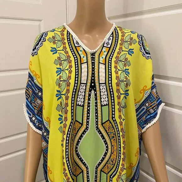 Women's Kaftan Maxi Dress. Yellow/Multicolor. S/M. Bright. Beachwear. Resortwear