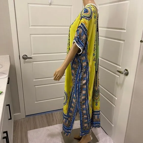 Women's Kaftan Maxi Dress. Yellow/Multicolor. S/M. Bright. Beachwear. Resortwear