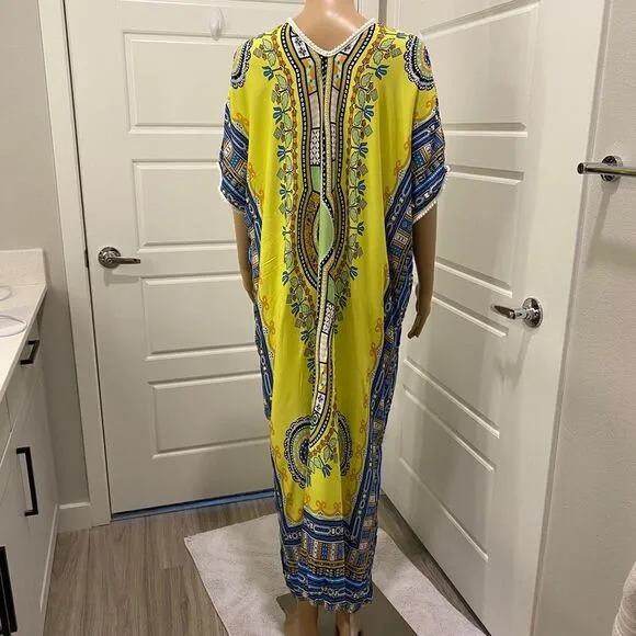 Women's Kaftan Maxi Dress. Yellow/Multicolor. S/M. Bright. Beachwear. Resortwear
