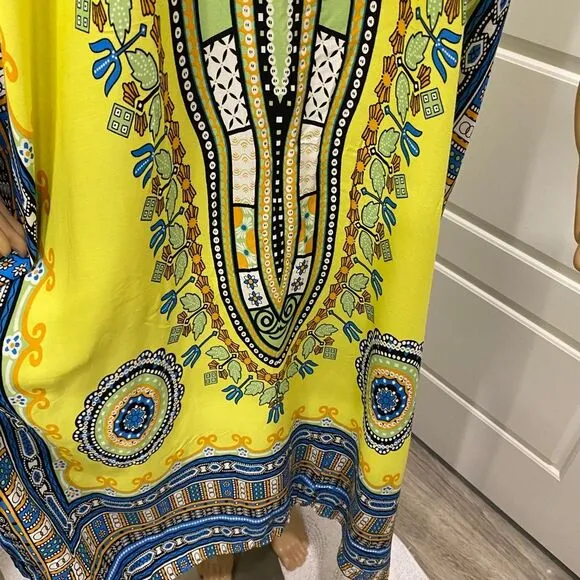 Women's Kaftan Maxi Dress. Yellow/Multicolor. S/M. Bright. Beachwear. Resortwear