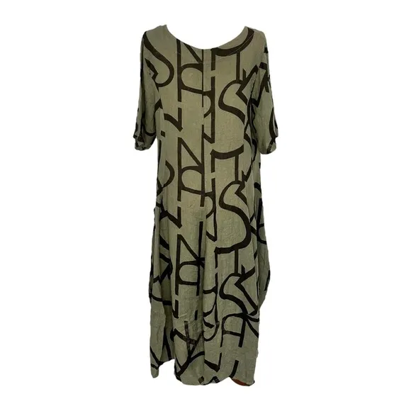 Women's Linen Midi Dress Green Olive Size M NWT Typography Print