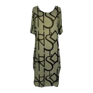 Women's Linen Midi Dress Green Olive Size M NWT Typography Print