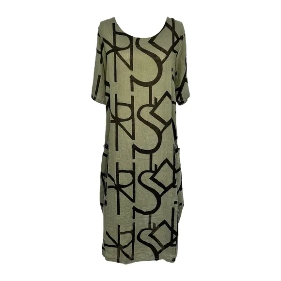 Women's Linen Midi Dress Green Olive Size M NWT Typography Print