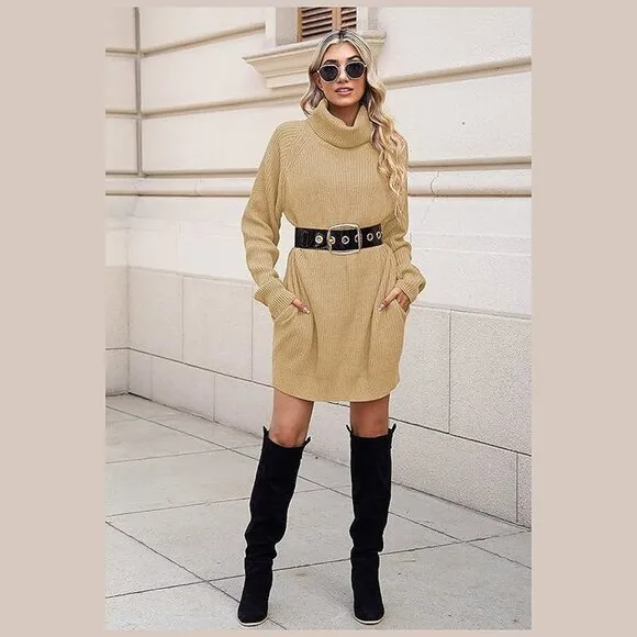 Women's Loose Turtleneck Oversize Long Pullover Sweater Dress Apricot