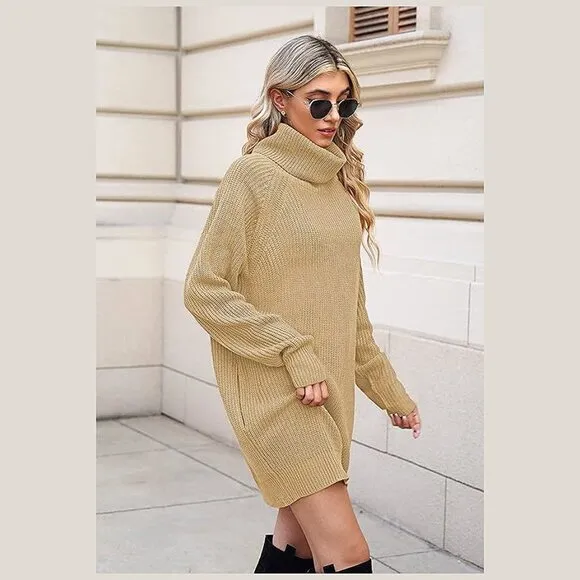 Women's Loose Turtleneck Oversize Long Pullover Sweater Dress Apricot