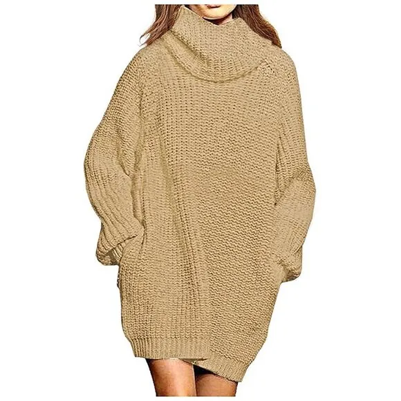 Women's Loose Turtleneck Oversize Long Pullover Sweater Dress Apricot