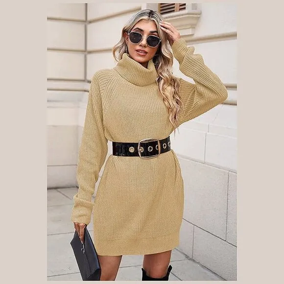 Women's Loose Turtleneck Oversize Long Pullover Sweater Dress Apricot