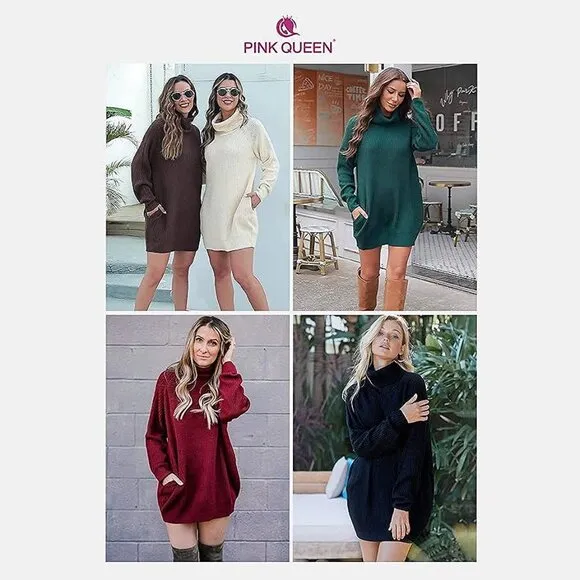 Women's Loose Turtleneck Oversize Long Pullover Sweater Dress Apricot