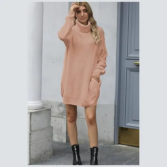Women's Loose Turtleneck Oversize Long Pullover Sweater Dress Deep Apricot Pink