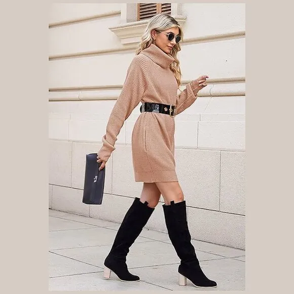 Women's Loose Turtleneck Oversize Long Pullover Sweater Dress Deep Apricot Pink