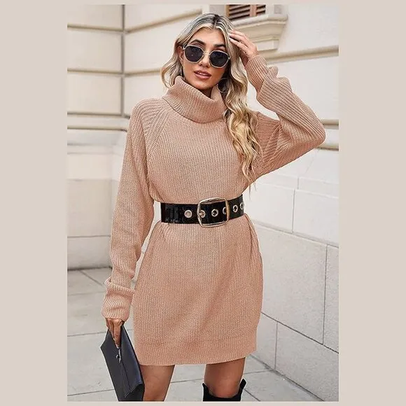 Women's Loose Turtleneck Oversize Long Pullover Sweater Dress Deep Apricot Pink