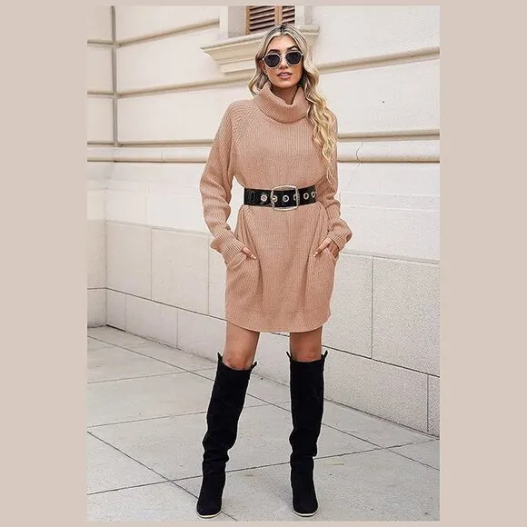 Women's Loose Turtleneck Oversize Long Pullover Sweater Dress Deep Apricot Pink