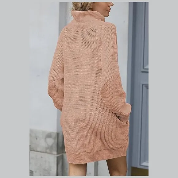 Women's Loose Turtleneck Oversize Long Pullover Sweater Dress Deep Apricot Pink