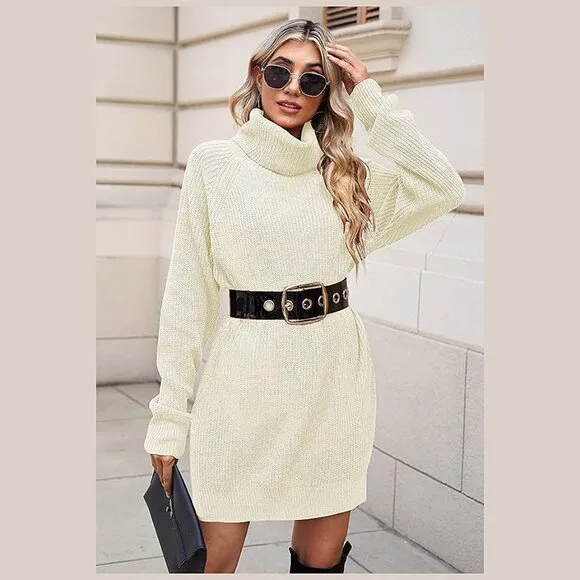 Women's Loose Turtleneck Oversize Long Pullover Sweater Dress Light Beige