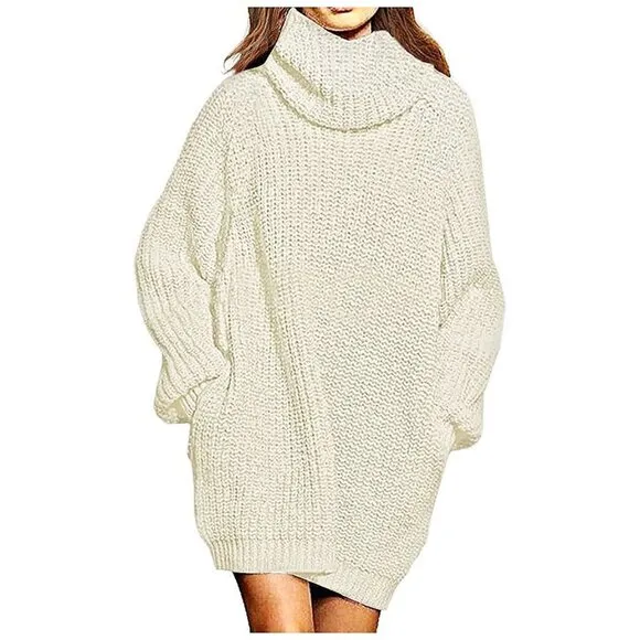Women's Loose Turtleneck Oversize Long Pullover Sweater Dress Light Beige
