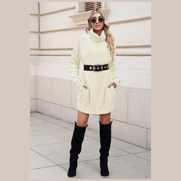 Women's Loose Turtleneck Oversize Long Pullover Sweater Dress Light Beige
