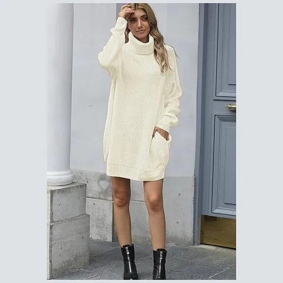 Women's Loose Turtleneck Oversize Long Pullover Sweater Dress Light Beige