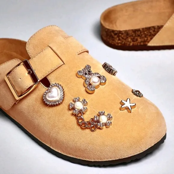 Women's Playful Faux Pearl Accent Charms Suede Beige BS Clogs