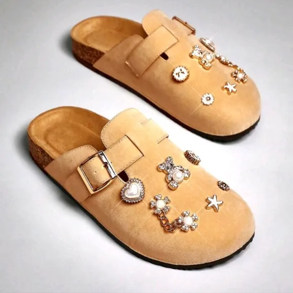 Women's Playful Faux Pearl Accent Charms Suede Beige BS Clogs