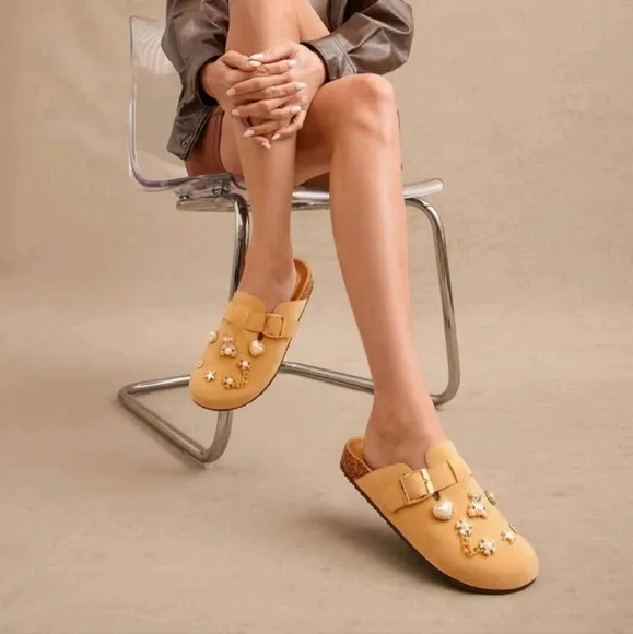 Women's Playful Faux Pearl Accent Charms Suede Beige BS Clogs