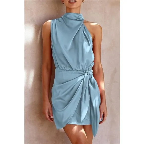 Women's Short Formal Satin Dress Light Blue