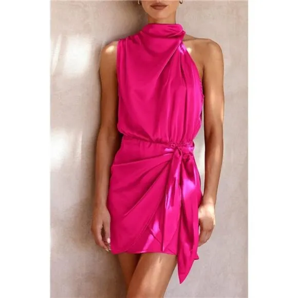 Women's Short Formal Satin Dress Rose Red