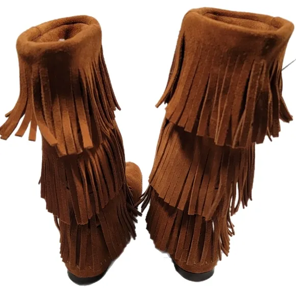 Womens Size 8 MinneTonka Fringed Suede Leather 3 Row Fringe Brown Moccasins Boot