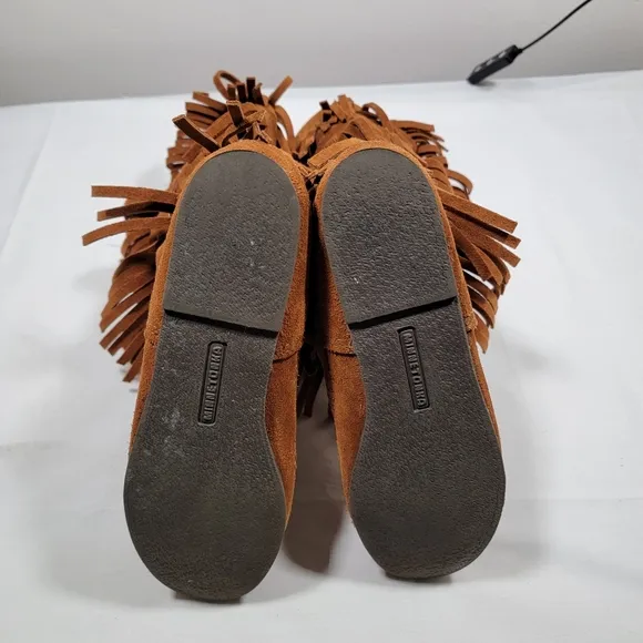 Womens Size 8 MinneTonka Fringed Suede Leather 3 Row Fringe Brown Moccasins Boot