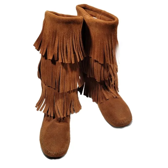 Womens Size 8 MinneTonka Fringed Suede Leather 3 Row Fringe Brown Moccasins Boot