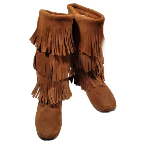 Womens Size 8 MinneTonka Fringed Suede Leather 3 Row Fringe Brown Moccasins Boot
