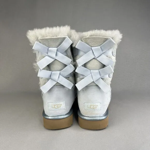 Womens UGG Boots Sz 6 Bailey Bow Metallic Blue Sky Suede Wool Coquette Rare