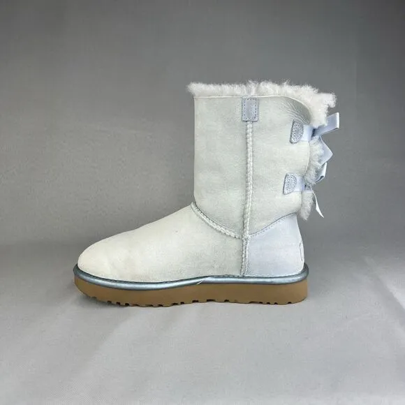 Womens UGG Boots Sz 6 Bailey Bow Metallic Blue Sky Suede Wool Coquette Rare