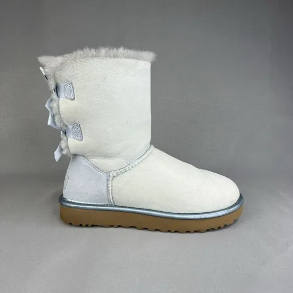 Womens UGG Boots Sz 6 Bailey Bow Metallic Blue Sky Suede Wool Coquette Rare
