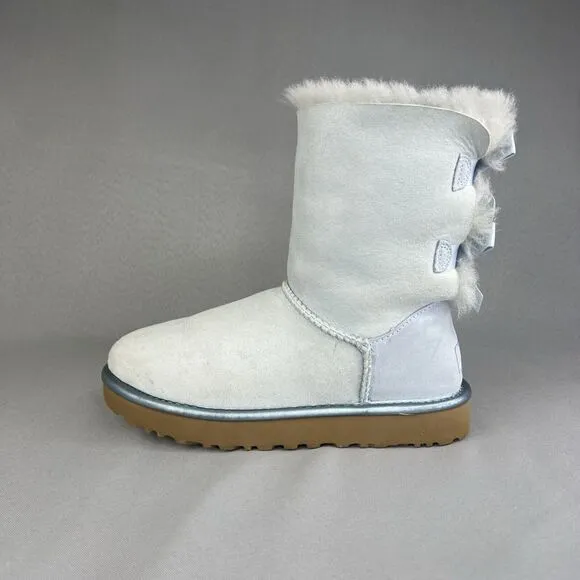 Womens UGG Boots Sz 6 Bailey Bow Metallic Blue Sky Suede Wool Coquette Rare