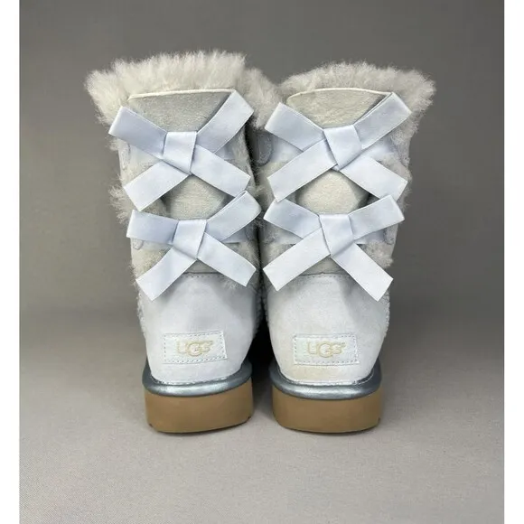 Womens UGG Boots Sz 6 Bailey Bow Metallic Blue Sky Suede Wool Coquette Rare