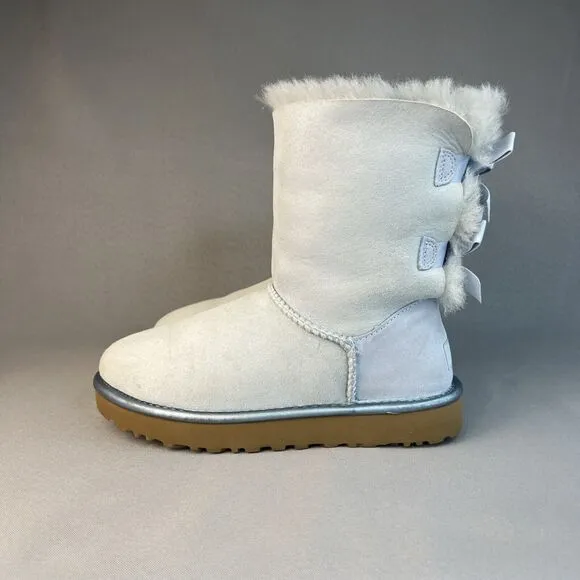 Womens UGG Boots Sz 6 Bailey Bow Metallic Blue Sky Suede Wool Coquette Rare