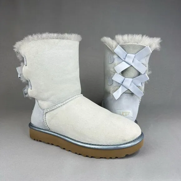 Womens UGG Boots Sz 6 Bailey Bow Metallic Blue Sky Suede Wool Coquette Rare