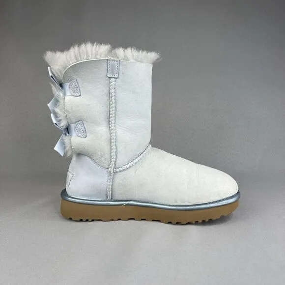 Womens UGG Boots Sz 6 Bailey Bow Metallic Blue Sky Suede Wool Coquette Rare