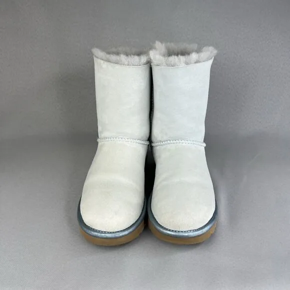 Womens UGG Boots Sz 6 Bailey Bow Metallic Blue Sky Suede Wool Coquette Rare