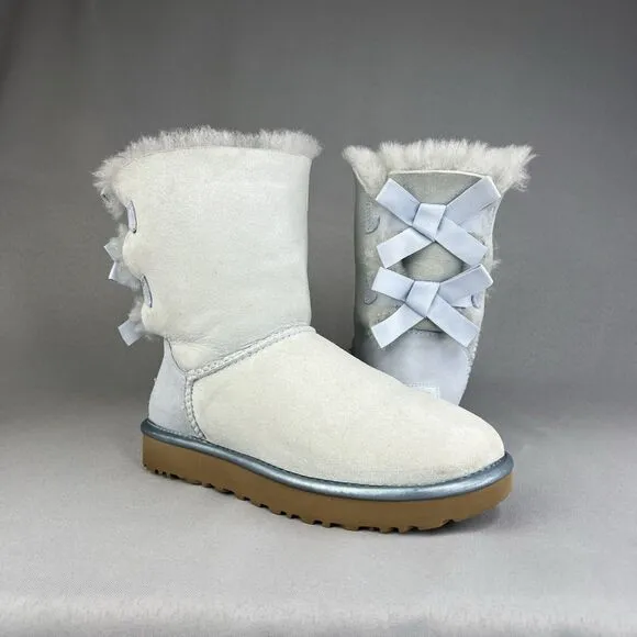 Womens UGG Boots Sz 6 Bailey Bow Metallic Blue Sky Suede Wool Coquette Rare