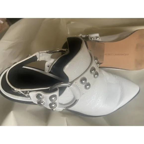 Womens White Rebecca Minkoff Korlyn Studded Glossed Leather‎ Mules- Size 7.5
