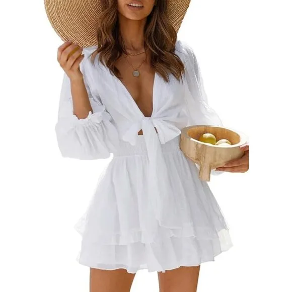 Womens White Summer Deep V Neck Knotted Tiered Chiffon Elegant Mini Dress