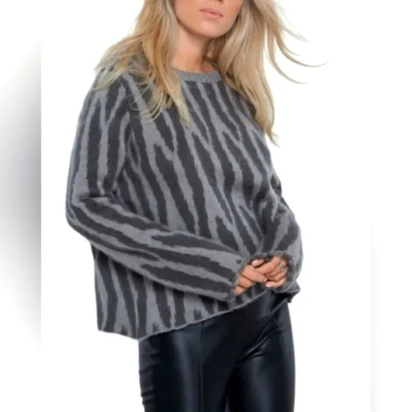 Wooden Ships Tiger/Zebra Gray Fuzzy Wool Loose Fit Pullover Sweater Crew Neck