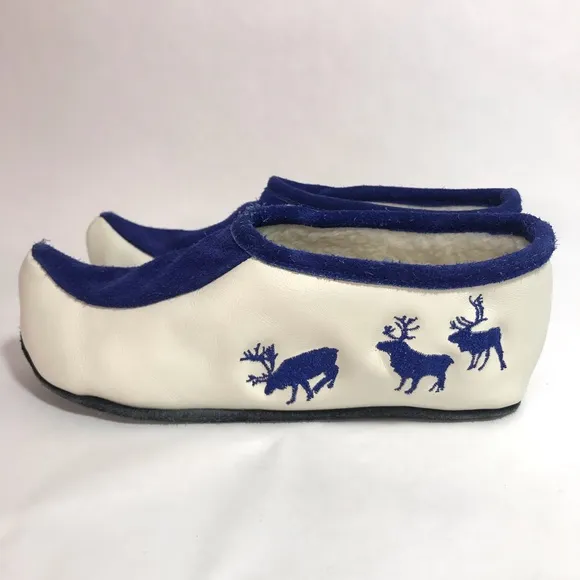 XOtic White &amp; Blue Norwegian Leather &amp; Suede Embroidered Slippers / Moccasins