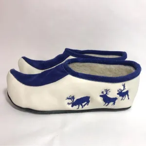XOtic White &amp; Blue Norwegian Leather &amp; Suede Embroidered Slippers / Moccasins