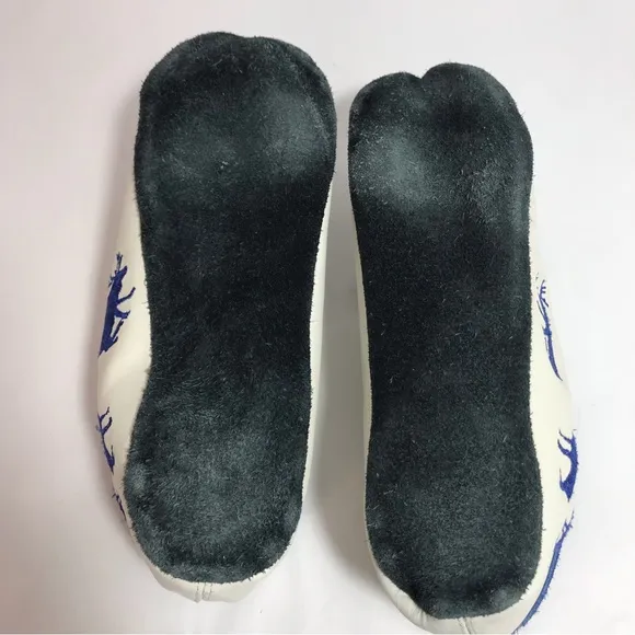 XOtic White &amp; Blue Norwegian Leather &amp; Suede Embroidered Slippers / Moccasins