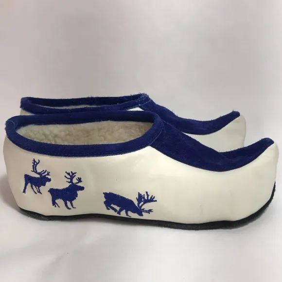 XOtic White &amp; Blue Norwegian Leather &amp; Suede Embroidered Slippers / Moccasins