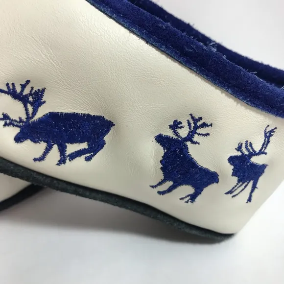 XOtic White &amp; Blue Norwegian Leather &amp; Suede Embroidered Slippers / Moccasins