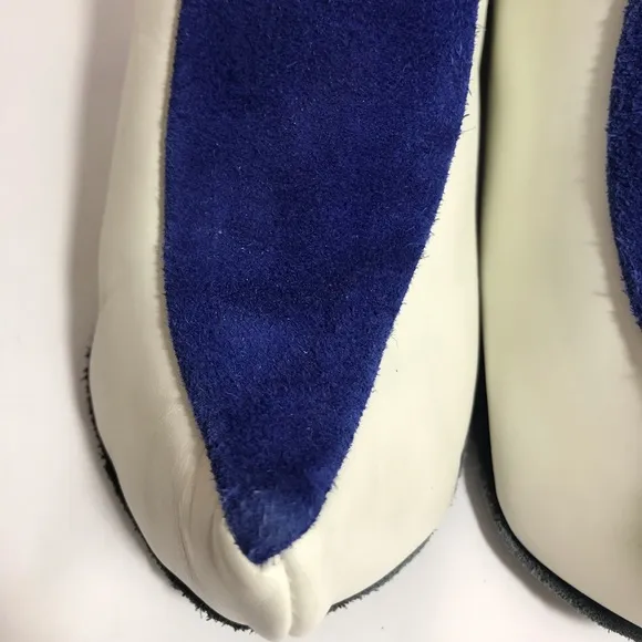 XOtic White &amp; Blue Norwegian Leather &amp; Suede Embroidered Slippers / Moccasins